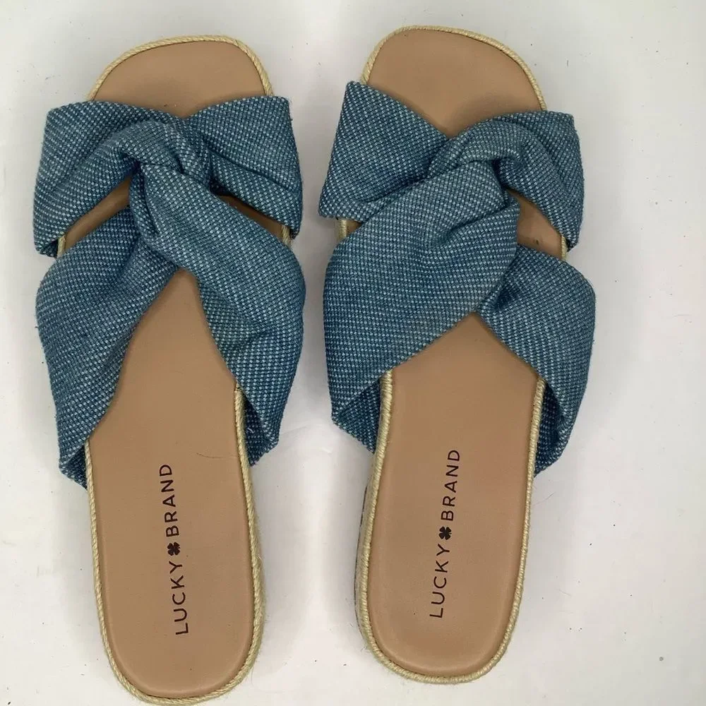 Lucky Brand Espadrilles Slip On Denim Blue Twist Knot Platform Sandals Sz 9.5M
